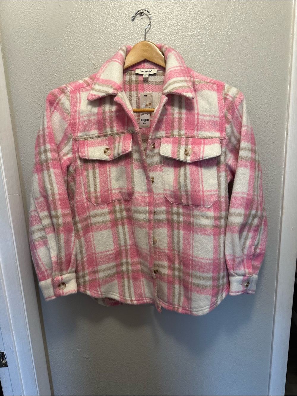 Francesca's Collections Pink and Cream Plaid Shacket Jacket